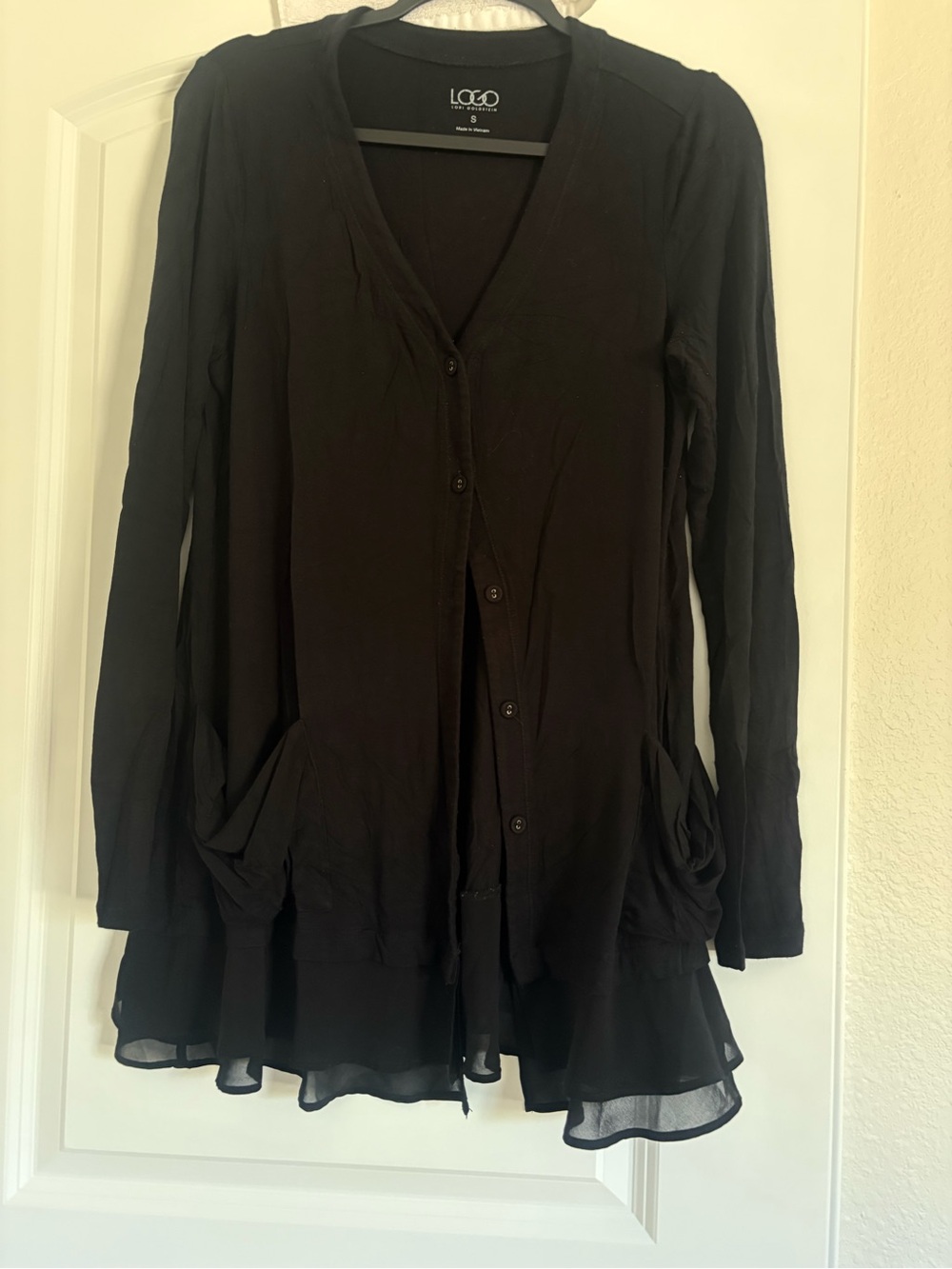 LOGO by Lori Goldstein Black Long Sleeve Button Cardigan with chiffon Ruffle Hem